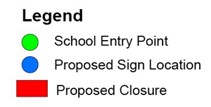 Legend: green dot is school entry point, blue dot is proposed sign location and red line is proposed