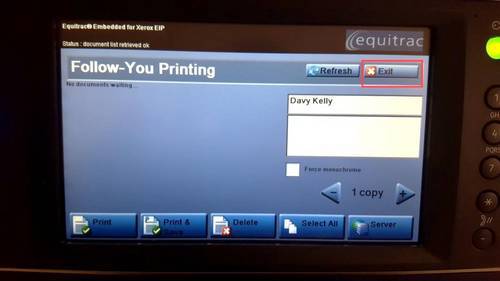 printer queue screen with the exit button highlighted red