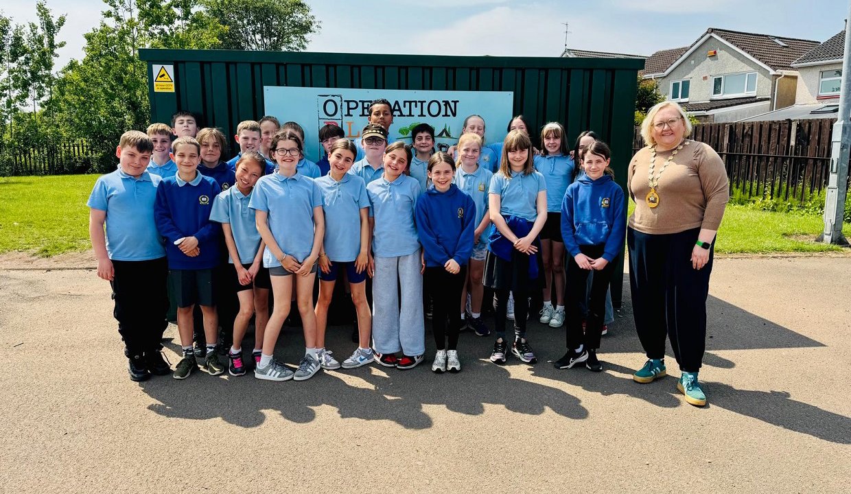 Provost Renwick is pictured with pupils from Meadowburn Primary.