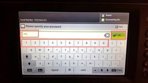 printer screen with PIN entered, the OK button and numbers on the keyboard highlighted red