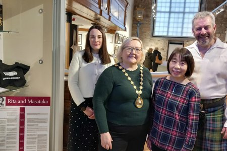 Standing next to the Rita and Masataka display in the Auld Kirk Museum: Depute Provost Colette McDiarmid, Provost Gillian Renwick, Naoko Nakamato and Jimmy Watson