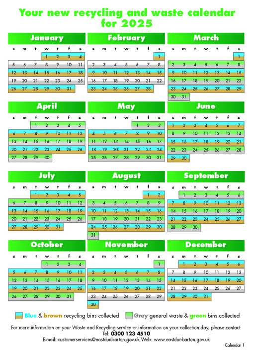 Chart showing the 2025 recycling and waste collection dates for calendar 1