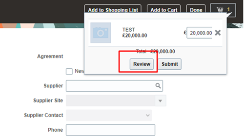 screenshot of the review cart screen with the review button highlighted red