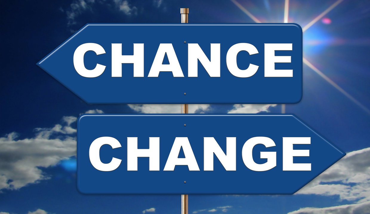 A blue sky with signposts saying “chance” and “change”