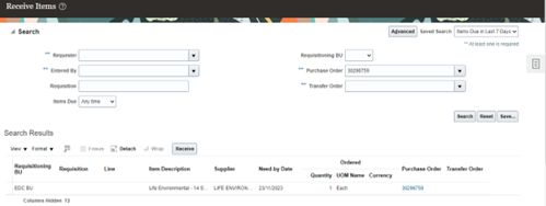 Oracle Fusion Screenshot showing Navigate to Procurement > My Receipts > Search for the PO number