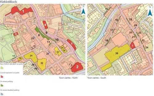 Map of Kirkintilloch of Council operated car parks (red), On-street parking (green), Disabled spaces (blue), Non Council operated car parks (yellow)