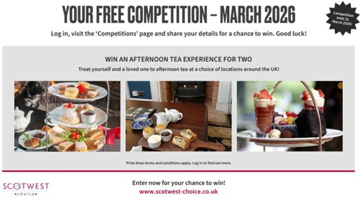 Graphic that reads 'your free competition - march 2026' with three images of afternoon tea items such as cakes, sandwiches, biscuits and coffee