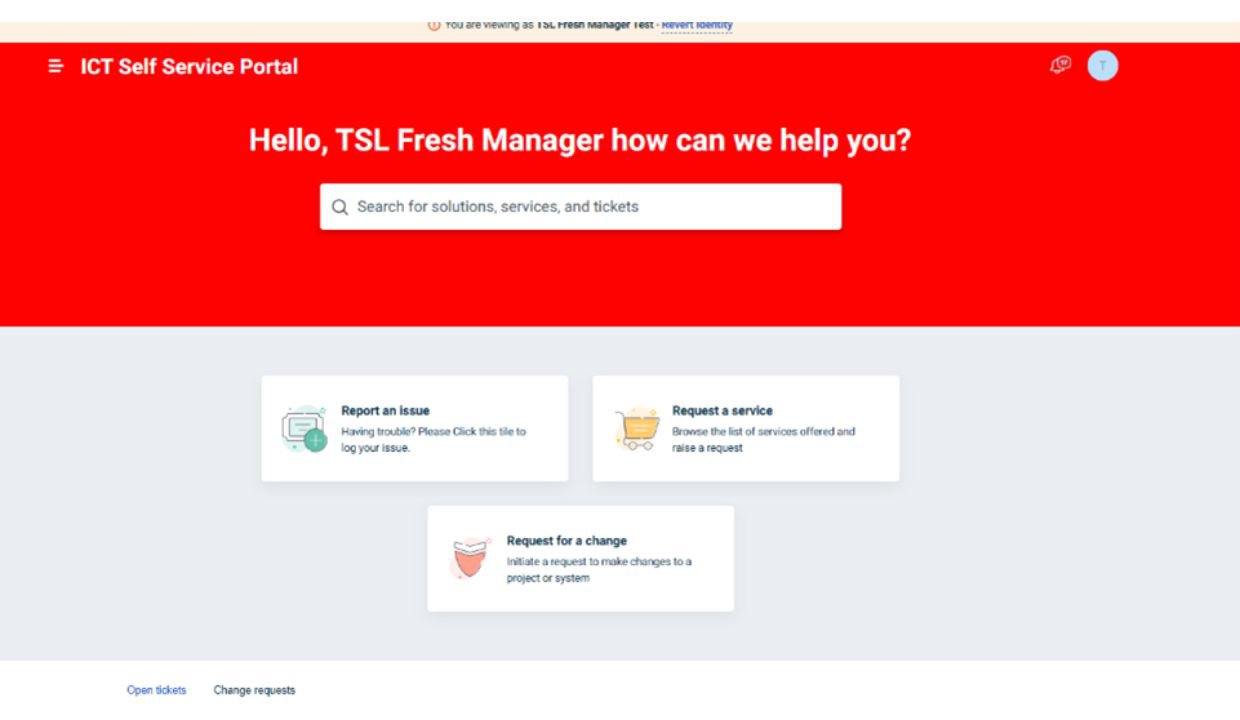 Screenshot of the three options available on Freshworks with a search bar above it - report an issue, request a service, request for a change.