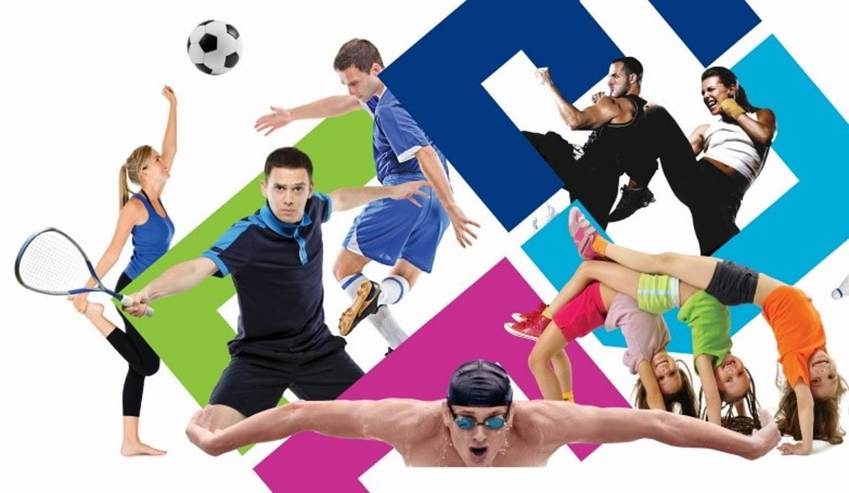 People playing various sports, including football, tennis, swimming, karate and gymnastics