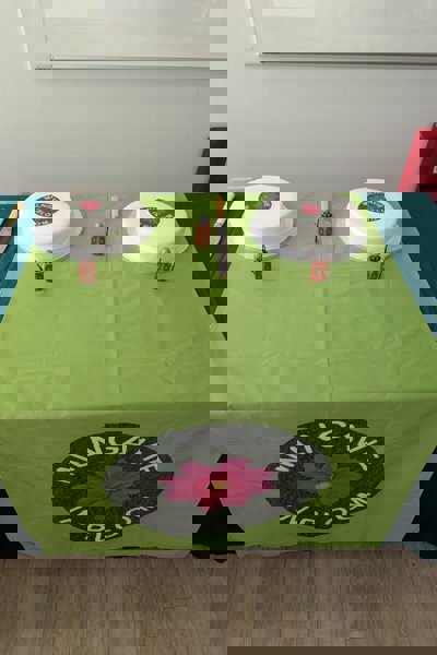 cakes on a green table 