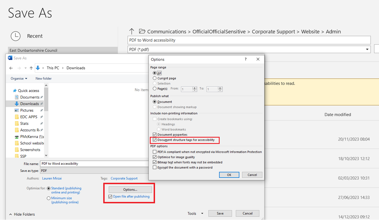Microsoft Word save as screen showing option and tag accessibility