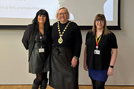 Lynn Orr, Head of New College Lanarkshire's Health and Social Care Department and Operational Lead for the Brain Health Centre for Health and Social Care; Provost Renwick; and Lisa Burgess, Lecturer in Health and Social Care.